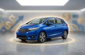 Pourquoi la Honda Fit d’occasion est-elle devenue si chère Une Honda Fit bleue garée dans un studio avec des symboles de dollar et des graphiques en arrière-plan.