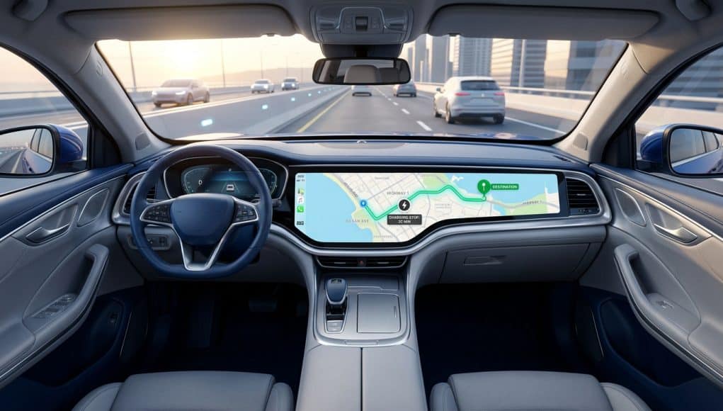 Intégration d'Apple Maps dans une Ford électrique Vue du poste de conduite d'une voiture électrique affichant un itinéraire Apple Maps sur un écran large.
