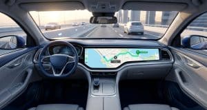 Apple maps ford électrique : un tournant logiciel majeur Vue du poste de conduite d'une voiture électrique affichant un itinéraire Apple Maps sur un écran large.