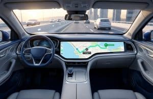 Apple maps ford électrique : un tournant logiciel majeur Vue du poste de conduite d'une voiture électrique affichant un itinéraire Apple Maps sur un écran large.