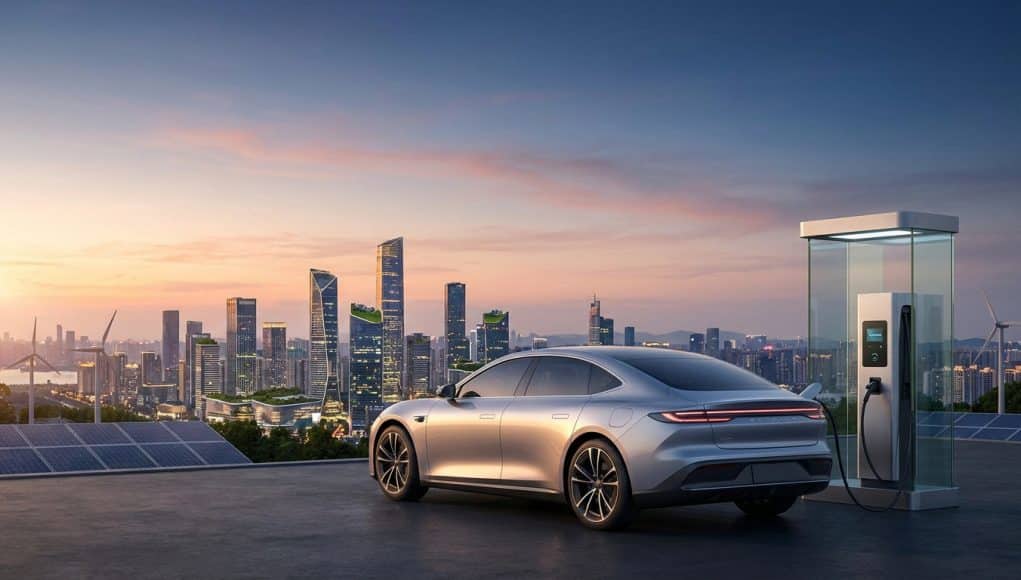 Voiture électrique moderne en charge devant une skyline urbaine au coucher du soleil avec des panneaux solaires et éoliennes.