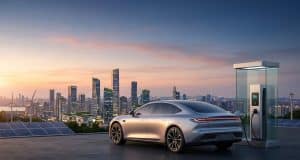 Marché voiture électrique : prévisions et indépendance Voiture électrique moderne en charge devant une skyline urbaine au coucher du soleil avec des panneaux solaires et éoliennes.
