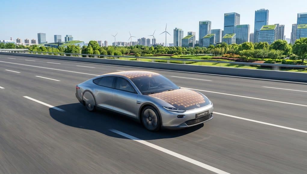 Voiture solaire Luminetta : vers l'autonomie énergétique La voiture solaire argentée Luminetta roule sur une route moderne avec des panneaux solaires visibles sur le toit et capot.