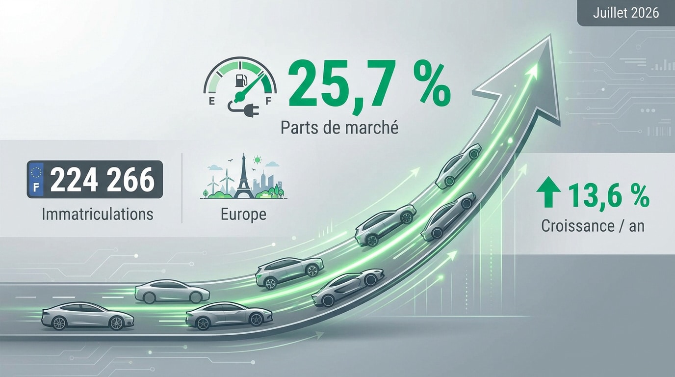 Graphique de la progression des parts de marché des voitures électriques en Europe en juillet 2026