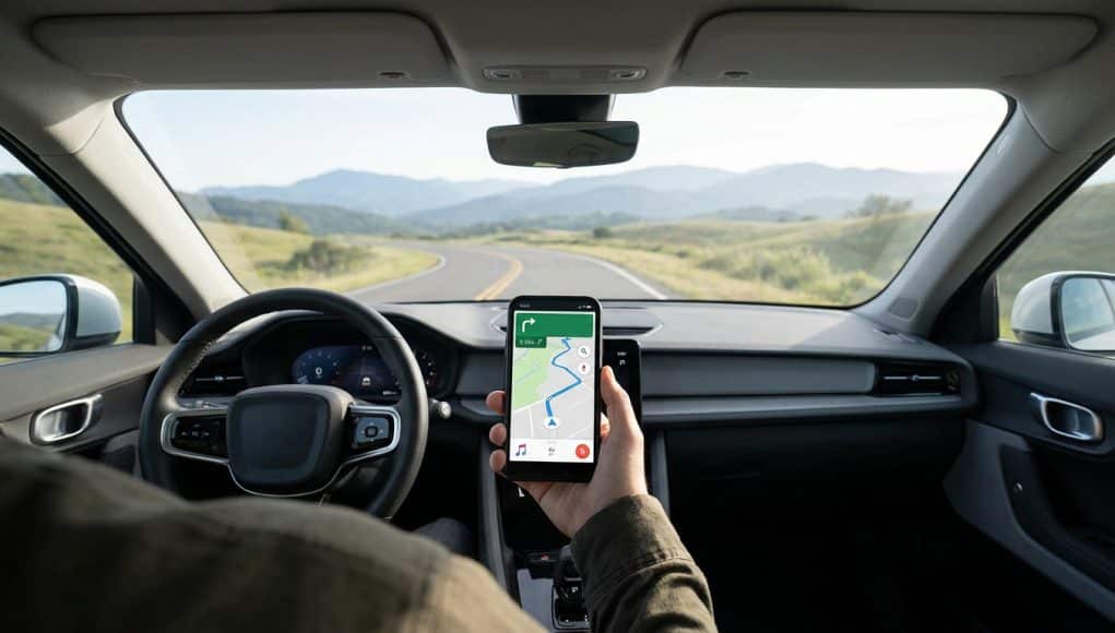 Applications de navigation indispensables en voiture Main tenant un smartphone avec une application de guidage GPS sur le tableau de bord d'une voiture roulant sur une route.