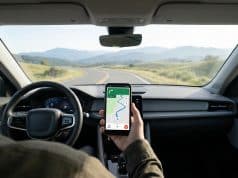 Les meilleures applications pour votre trajet en voiture Main tenant un smartphone avec une application de guidage GPS sur le tableau de bord d'une voiture roulant sur une route.