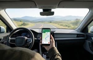 Les meilleures applications pour votre trajet en voiture Main tenant un smartphone avec une application de guidage GPS sur le tableau de bord d'une voiture roulant sur une route.