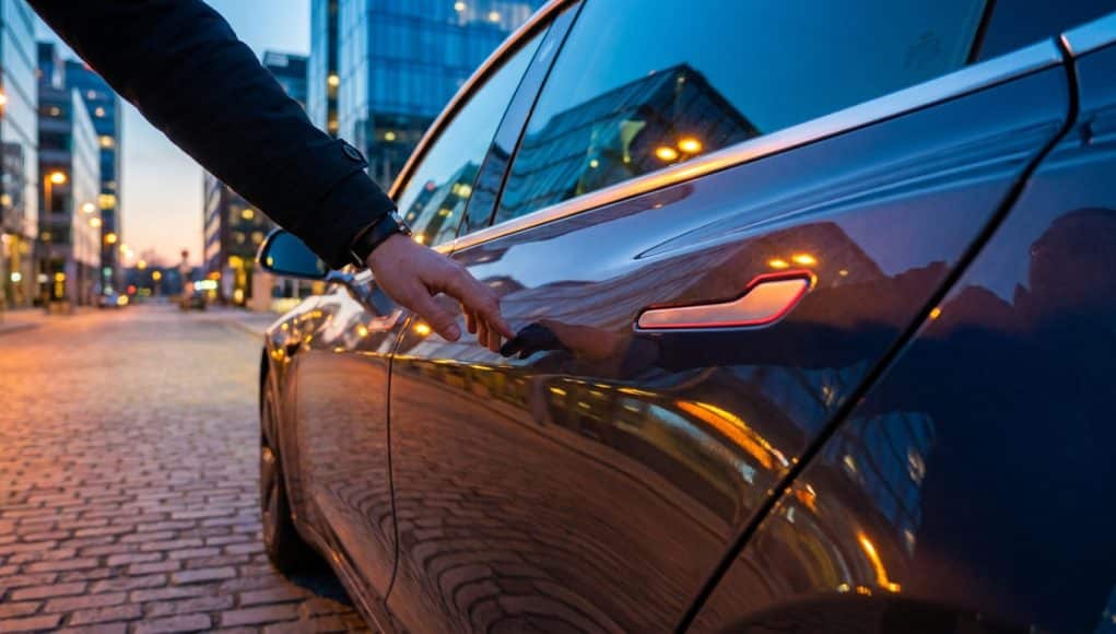 Rappel Tesla : le défi des poignées de porte Gros plan sur une main s'approchant de la poignée affleurante d'une Tesla garée dans une rue urbaine au crépuscule.