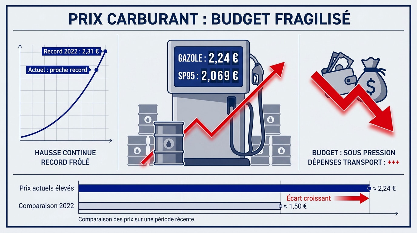 Graphique illustrant la hausse des prix des carburants et son impact sur le budget des ménages français