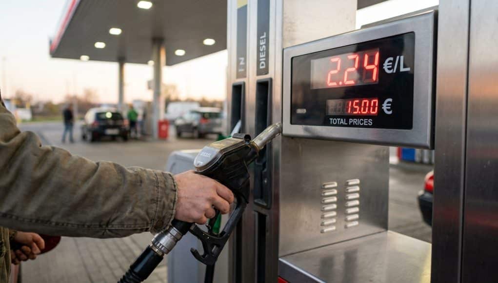Hausse des prix : le gazole au plus haut Une main tenant un pistolet de pompe à essence affichant un prix de 2,24 €/L dans une station-service.