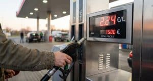 Hausse prix carburant : le gazole frôle les sommets historiques Une main tenant un pistolet de pompe à essence affichant un prix de 2,24 €/L dans une station-service.