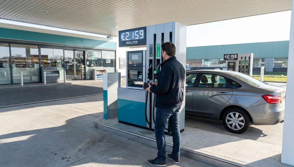 Taxe carburant 2028 : l'impact à la pompe Un automobiliste devant une pompe à essence affichant un prix élevé de 2,159 € par litre dans une station-service.