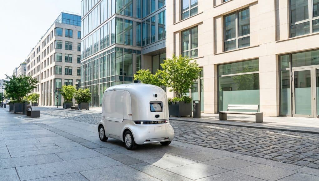 Robot de livraison autonome en milieu urbain Un petit robot de livraison blanc autonome circule sur une rue piétonne pavée bordée d'immeubles de bureaux modernes.