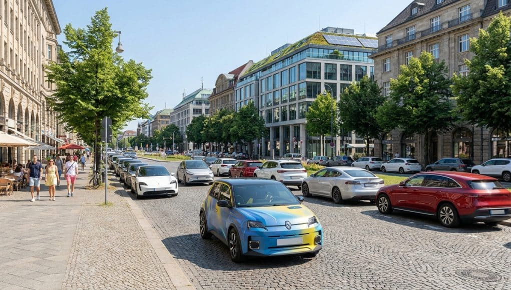 Marché de l'électrique en Europe : juillet 2026 Une Renault 5 électrique colorée circulant sur une rue pavée bordée de voitures et d'immeubles européens ensoleillés.