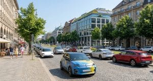 Marché voiture électrique Europe : bilan de juillet 2026 Une Renault 5 électrique colorée circulant sur une rue pavée bordée de voitures et d'immeubles européens ensoleillés.