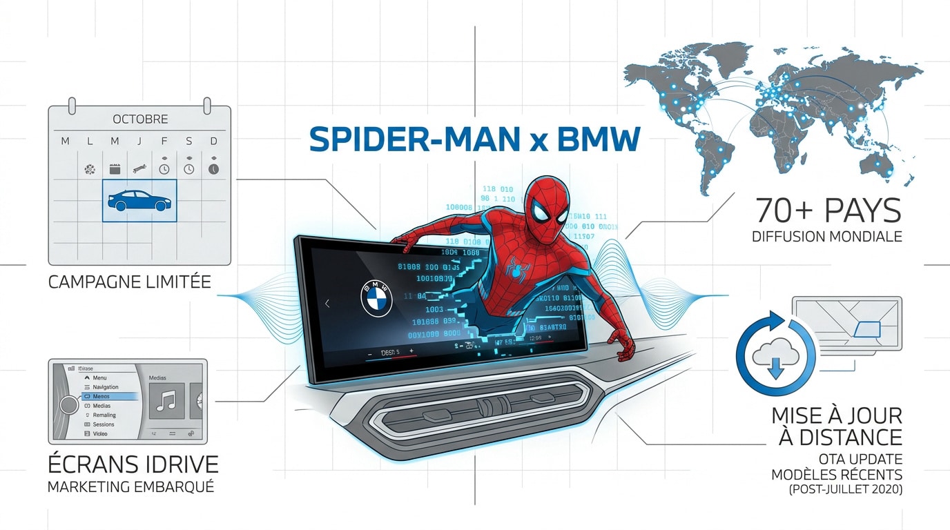 Animation publicitaire Spider-Man sur l'écran d'infodivertissement d'une BMW