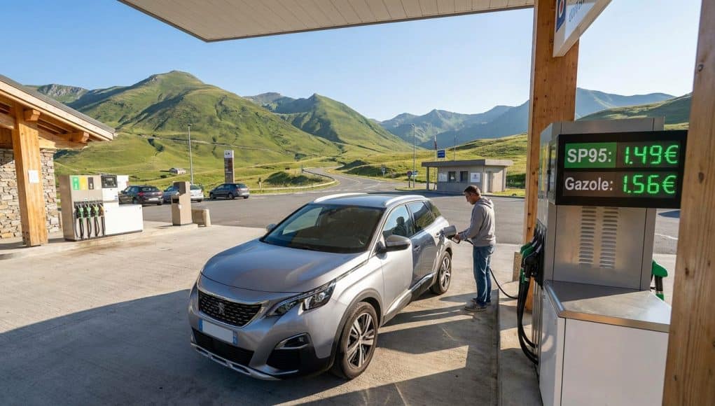 Prix du carburant en Andorre : une halte avantageuse Un homme fait le plein de sa voiture dans une station-service en Andorre avec les montagnes en arrière-plan.
