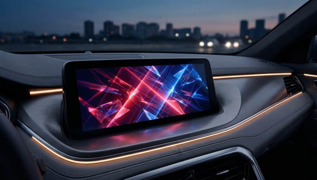 Écran central d'une BMW affichant des motifs géométriques rouge et bleu avec la silhouette de Spider-Man en arrière-plan.
