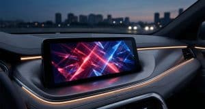 Publicité spider man bmw : l’habitacle devient un média Écran central d'une BMW affichant des motifs géométriques rouge et bleu avec la silhouette de Spider-Man en arrière-plan.
