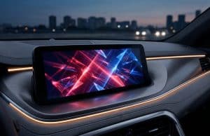 Publicité spider man bmw : l’habitacle devient un média Écran central d'une BMW affichant des motifs géométriques rouge et bleu avec la silhouette de Spider-Man en arrière-plan.
