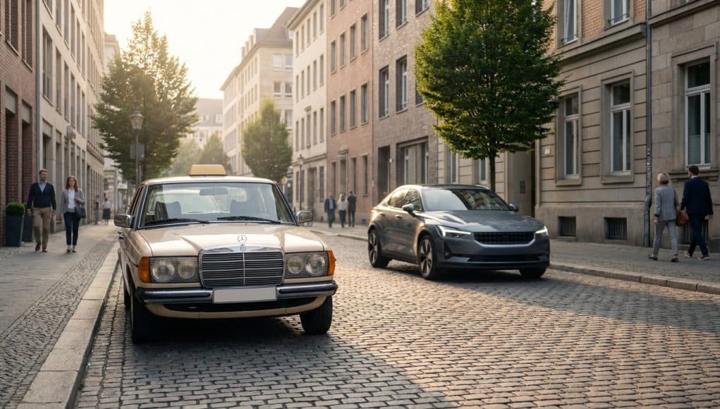 Le taxi Mercedes face à la nouvelle concurrence allemande Un taxi Mercedes vintage beige stationné dans une rue pavée allemande, avec une voiture électrique moderne en arrière-plan.