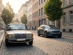 Mercedes taxi en Allemagne : les enjeux d’une reconquête Un taxi Mercedes vintage beige stationné dans une rue pavée allemande, avec une voiture électrique moderne en arrière-plan.