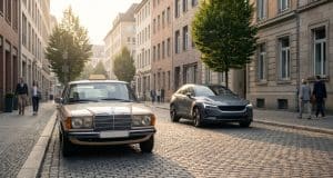 Mercedes taxi en Allemagne : les enjeux d’une reconquête Un taxi Mercedes vintage beige stationné dans une rue pavée allemande, avec une voiture électrique moderne en arrière-plan.