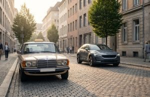 Mercedes taxi en Allemagne : les enjeux d’une reconquête Un taxi Mercedes vintage beige stationné dans une rue pavée allemande, avec une voiture électrique moderne en arrière-plan.