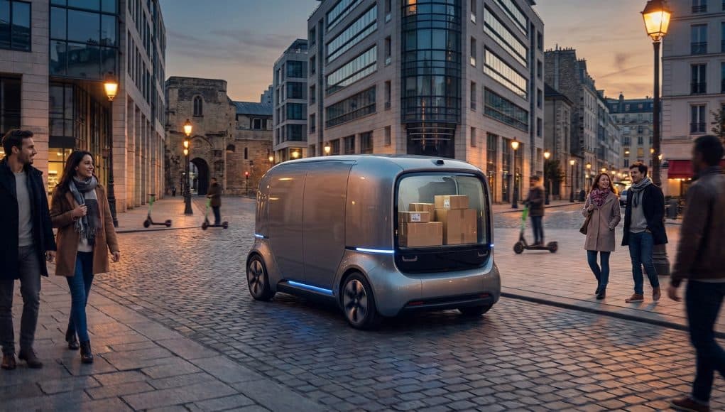 Livraison autonome dans les rues de France Véhicule de livraison autonome futuriste transportant des colis dans une rue piétonne pavée en France.