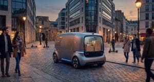 Véhicule de livraison autonome en France : le cadre légal Véhicule de livraison autonome futuriste transportant des colis dans une rue piétonne pavée en France.