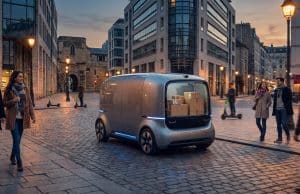 Véhicule de livraison autonome en France : le cadre légal Véhicule de livraison autonome futuriste transportant des colis dans une rue piétonne pavée en France.