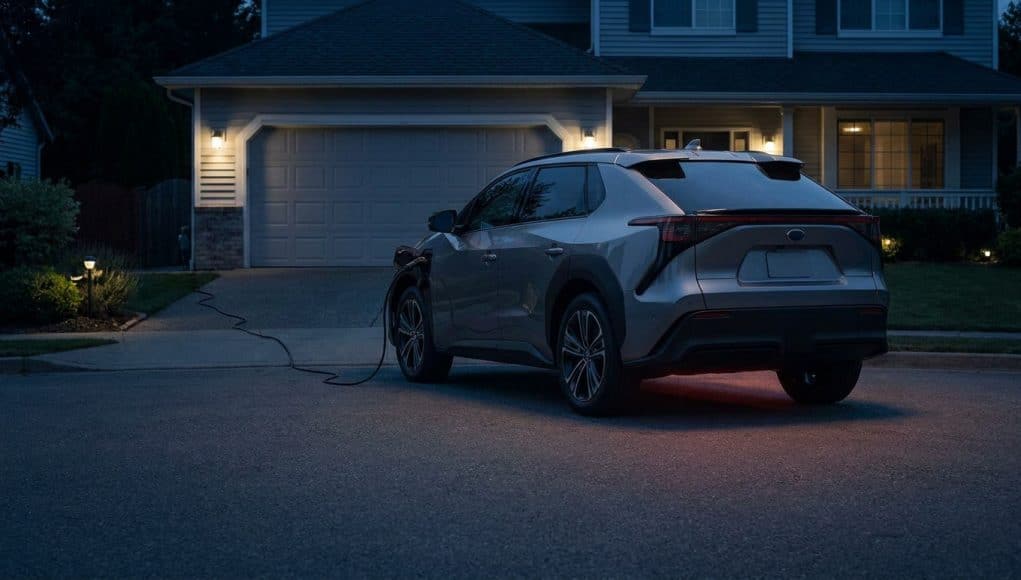 Une voiture électrique grise stationnée en extérieur et branchée sur une prise domestique devant une maison la nuit.