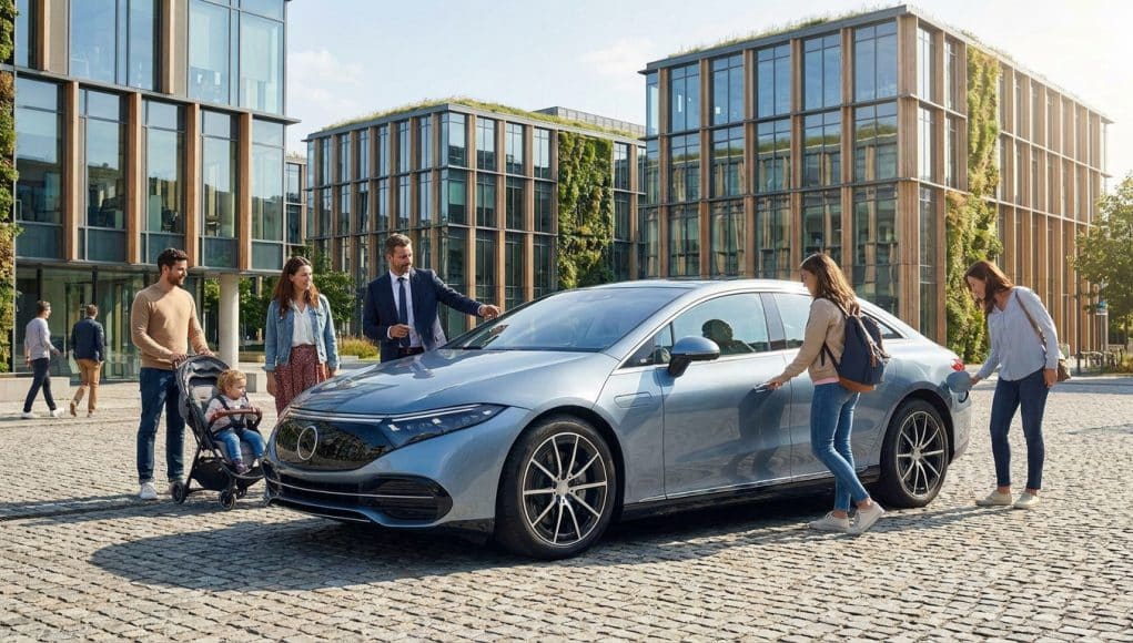L'avenir de la mobilité électrique en 2026 Famille et professionnels autour d'une voiture électrique moderne devant un immeuble éco-conçu.