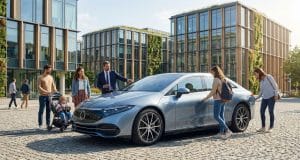 L’évolution du marché de la voiture électrique en 2026 Famille et professionnels autour d'une voiture électrique moderne devant un immeuble éco-conçu.