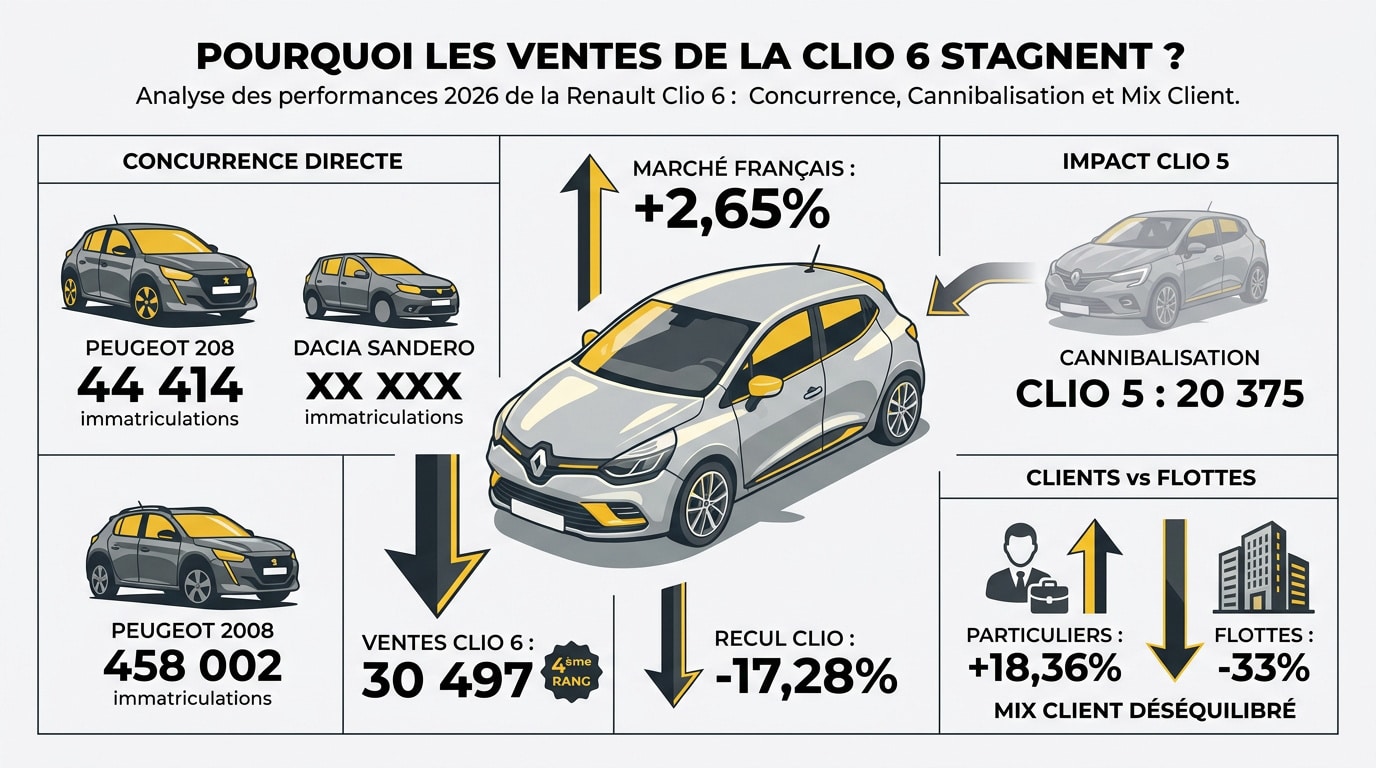Graphique des ventes de la Renault Clio 6 face à ses concurrentes en 2026