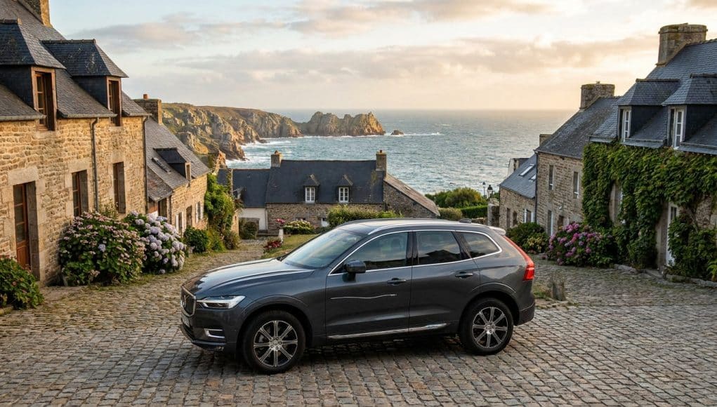 Vandalisme contre une voiture de touriste en Bretagne Une voiture grise stationnée dans un village breton pittoresque avec une rayure visible sur la portière.