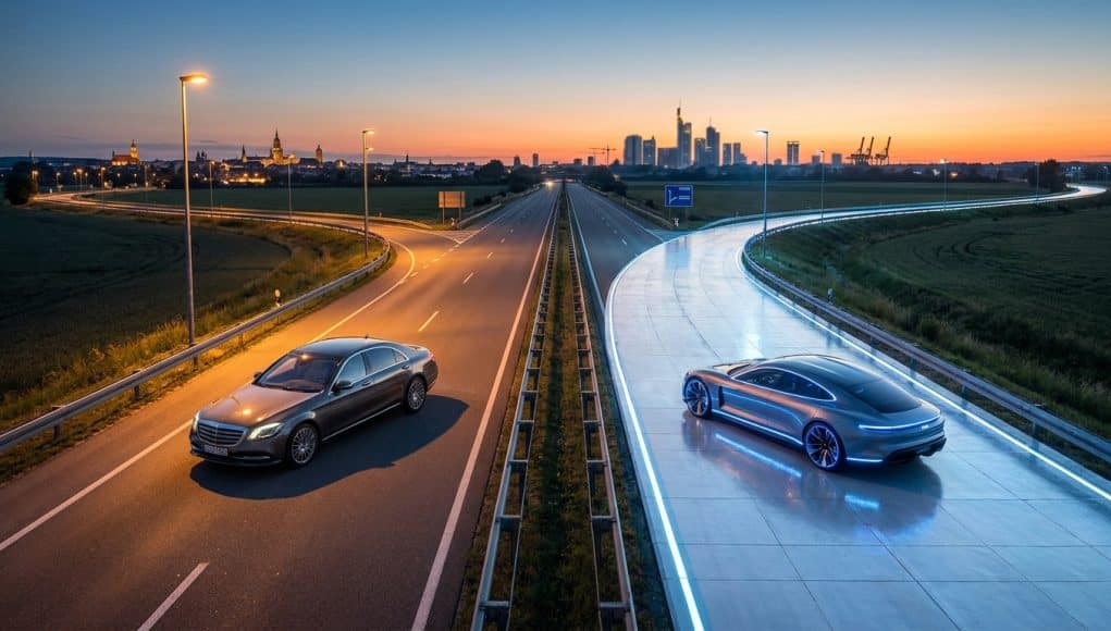 Avenir de l'automobile : thermique vs électrique Une voiture thermique et une voiture électrique futuriste sur une autoroute séparée à l'approche d'une ville au coucher.
