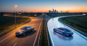 Quel avenir pour le moteur thermique et l’hybride en 2026 ? Une voiture thermique et une voiture électrique futuriste sur une autoroute séparée à l'approche d'une ville au coucher.
