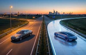 Quel avenir pour le moteur thermique et l’hybride en 2026 ? Une voiture thermique et une voiture électrique futuriste sur une autoroute séparée à l'approche d'une ville au coucher.