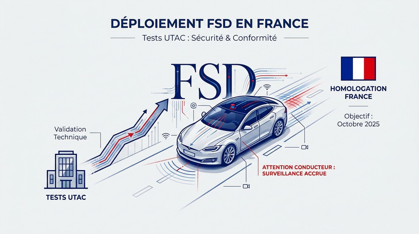 Véhicule Tesla en phase de test de conduite autonome FSD sur route française