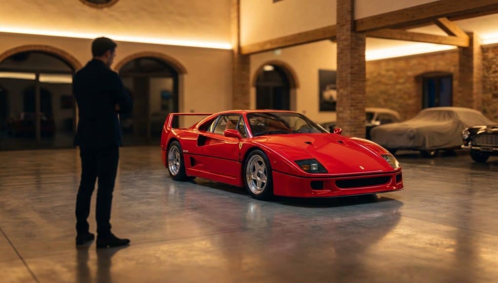 Lewis Hamilton face à la mythique Ferrari F40 Un homme en costume contemple une Ferrari F40 rouge iconique garée dans un garage élégant aux murs de briques.