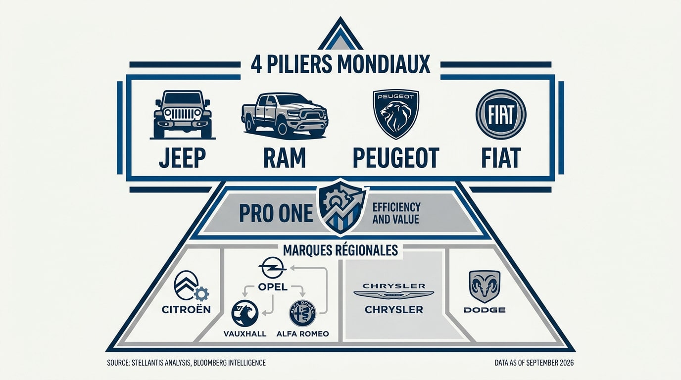 Schéma de la nouvelle hiérarchie des marques du groupe Stellantis pour 2030