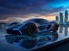 Bugatti Rimac et Volkswagen : le virage hybride de Molsheim Une supercar moderne aux lignes lumineuses bleues devant une silhouette de voiture classique sous un ciel crépusculaire.