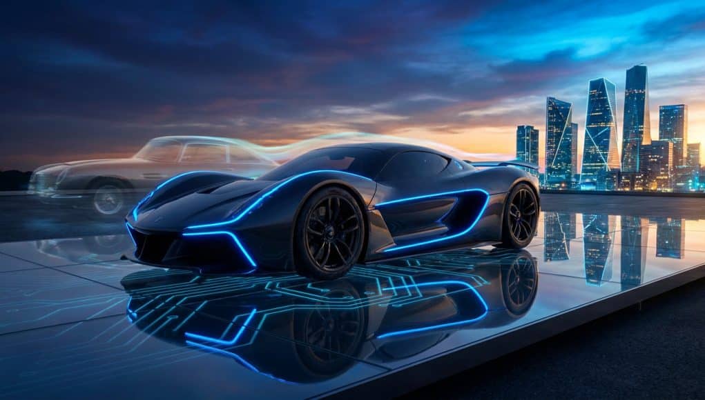 Bugatti Rimac : l'avenir hybride de Molsheim Une supercar moderne aux lignes lumineuses bleues devant une silhouette de voiture classique sous un ciel crépusculaire.