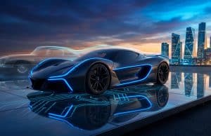 Bugatti Rimac et Volkswagen : le virage hybride de Molsheim Une supercar moderne aux lignes lumineuses bleues devant une silhouette de voiture classique sous un ciel crépusculaire.