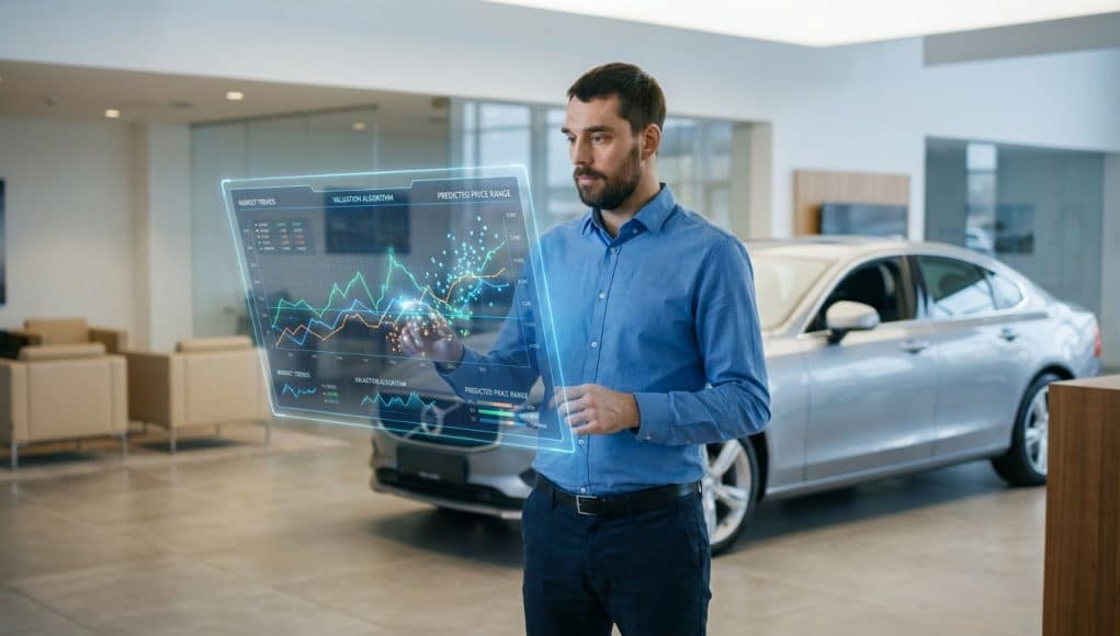 IA et cotation de véhicules d'occasion Un homme examine des données de marché sur une interface holographique devant une voiture dans une concession.