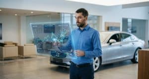 IA et prix voiture occasion : vers une cotation plus juste Un homme examine des données de marché sur une interface holographique devant une voiture dans une concession.