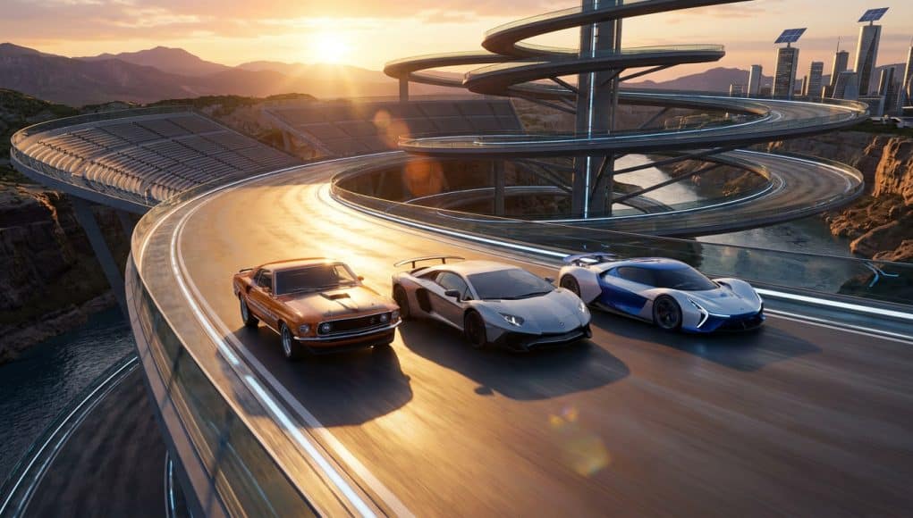 Gran Turismo 7 : la mise à jour Spec IV de 2026 Trois voitures de sport roulent sur un circuit futuriste en colimaçon au coucher du soleil dans Gran Turismo 7.
