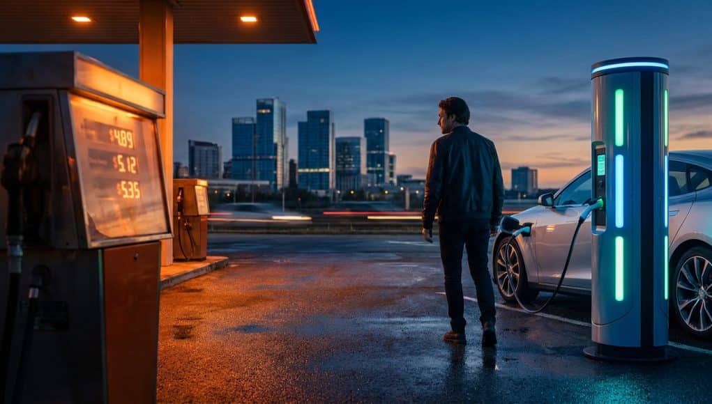 Transition énergétique : entre carburant et électricité Un homme charge sa voiture électrique devant une station-service traditionnelle avec des prix élevés, face à une ville.