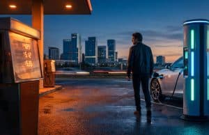 Hausse prix carburant Leclerc : l’analyse de Michel-Édouard Leclerc Un homme charge sa voiture électrique devant une station-service traditionnelle avec des prix élevés, face à une ville.
